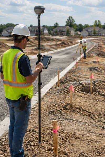 Surveying companies checking lot locations and control points during a subdivision project