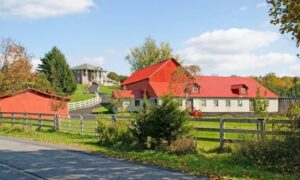 Rural property with a house, detached barns, driveway, and surrounding land for lot survey planning